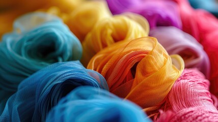 Colorful textile threads wound on spools against a woven fabric background, highlighting craftsmanship and vibrant thread spools in a row