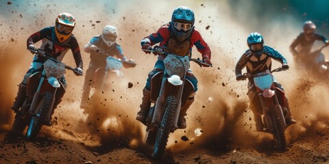 Daring Dirt Bikers Speed Through A Thrilling Dirt Track Race. Сoncept Thrilling Dirt Track Race, Daring Dirt Bikers, Speed, Adrenaline Rush, Exciting Action