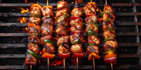 Delectable Turkey Shish Kebabs Proudly Laid Out On The Sizzling Grill. Сoncept Grilled Vegetables...