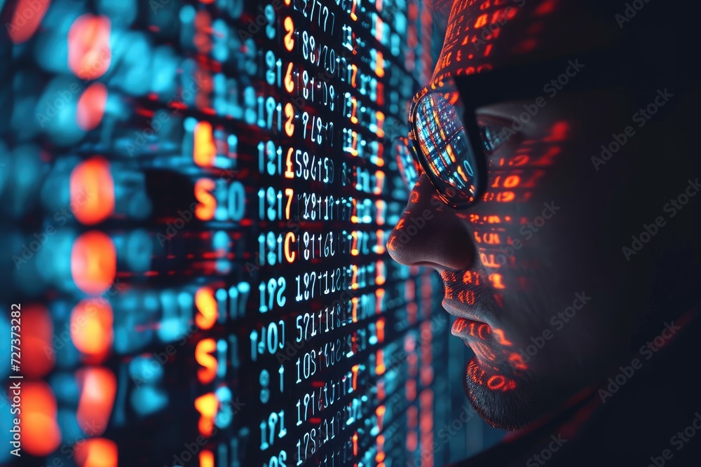 Poster a man closely examines a computer screen displaying numerical data, a cyber security professional ag