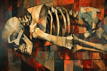 This photo captures a painting that depicts a skeleton laying down, presenting a stark and intriguing image, A cubist painting of a bone fracture, AI Generated