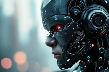 Fototapeta premium A man wearing a futuristic suit and headphones, immersed in his audio experience, A cyborg with bioengineered enhancements, AI Generated