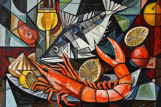 The photo depicts a realistic painting of a lobster and a glass of wine, showcasing the vibrant colors and textures of both subjects, A cubist version of a seafood platter, AI Generated