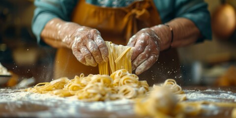 Elderly Italian Woman Crafting Pasta, Embodying Culinary Traditions And Homemade Artistry. Сoncept Farmers Market, Organic Produce, Sustainable Agriculture, Locally Sourced Ingredients - obrazy, fototapety, plakaty
