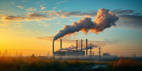 Factory With Smoking Chimneys Causing Harmful Pollution In Surrounding Area. Сoncept Environmental Pollution, Industrial Emissions, Harmful Effects, Air Quality, Factory Regulations - obrazy, fototapety, plakaty