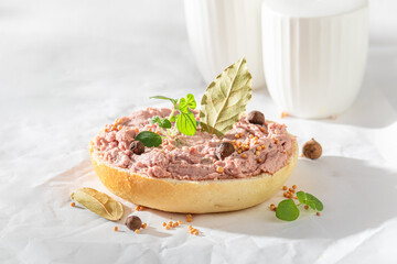 Healthy and fresh sandwich with pate, herbs and spices. © shaiith