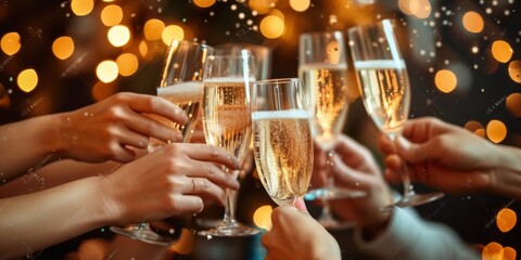 Festive Party With Friends Raising Champagne Glasses For A Joyful Toast. Сoncept Beach Picnic With Friends, Sunset Yoga Session, Scenic Hiking Adventure, Romantic Date Night Under The Stars