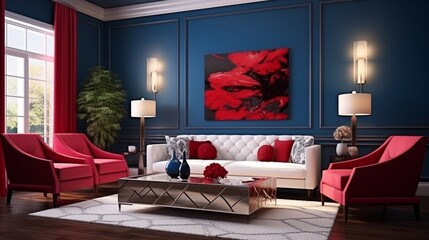 Use a neutral color palette with pops of bold colors, like deep red or royal blue, to create a visually striking and glamorous living room designar