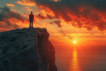 Silhouetted Man Standing Atop Cliff, Embracing the Tranquil Sunset"