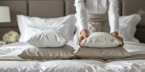 Fototapeta na wymiar Hotel Housekeeper Neatly Arranging Pillows On Made Bed In Guest Room. Сoncept Hotel Housekeeping, Neat Pillow Arrangement, Made Bed, Guest Room