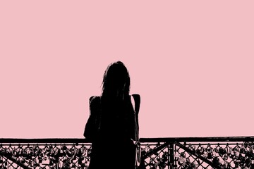 Photo avec effet bicolore d'une femme regardant une vue panoramique le long d'une barrière romantique	 - obrazy, fototapety, plakaty
