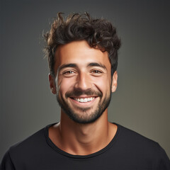 Obraz premium Studio portrait of a man smiling. Black background. Advertisement for dental, business, studio, etc.