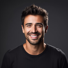 Fototapeta premium Studio portrait of a man smiling. Black background. Advertisement for dental, business, studio, etc.