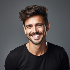 Fototapeta premium Studio portrait of a man smiling. Black background. Advertisement for dental, business, studio, etc.