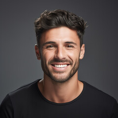 Fototapeta premium Studio portrait of a man smiling. Black background. Advertisement for dental, business, studio, etc.