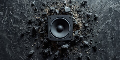Loudspeaker Shatters Black Wall, Symbolizing Power Of Sound And Communication. Сoncept Abstract Art Exhibition, Surreal Landscapes, Ethereal Portraits, Experimental Photography, Conceptual Still Life