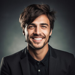 Obraz premium Studio portrait of a man smiling. Black background. Advertisement for dental, business, studio, etc.