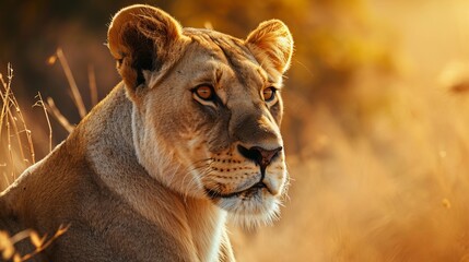 Close-Up of a Majestic Lioness Amidst Wild Grass, Illuminated by the Golden Sunset Light