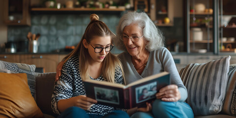 Senior woman and her adult daughter looking at photo album together on couch in living room