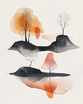 Abstract whimsical watercolor illustration of a child's imagination, featuring vibrant trees and majestic mountains in a cartoon like style.