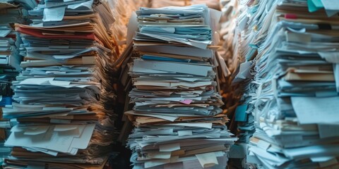 Piles Of Incomplete Paperwork, Waiting To Be Tackled And Organized. Сoncept Home Office Organization, Paperwork Management, Productivity Tips, Organizing Techniques - obrazy, fototapety, plakaty