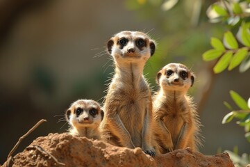 Fototapeta premium Three meerkats, a small mammal with brown fur and distinctive markings, standing on a rock formation in a natural habitat, A delightful family of meerkats keeping lookout, AI Generated