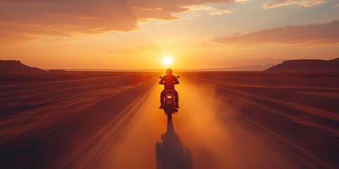 Thrilling Desert Motorbike Adventure At Sunset: Unleashing Adrenaline And Boosting Fitness Levels. Сoncept Hiking In The Rocky Mountains, Beach Yoga Retreat, Food Photography Workshop