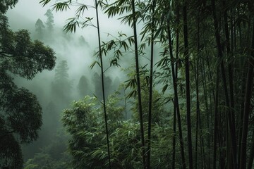 This photo captures a beautiful forest abundant with diverse trees, showcasing the rich greenery and natural diversity of the area, A dense bamboo forest shrouded in mist, AI Generated