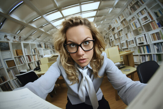 A woman with glasses reaches towards the camera for a selfie, with a backdrop of bookshelves curved by the fisheye lens effect.