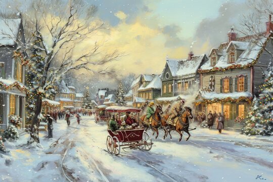 A painting capturing a horse-drawn carriage on a street covered in snow, A delightful scene of a Christmas parade in town, AI Generated