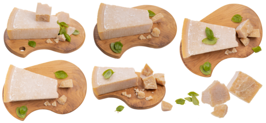 Slices of parmesan cheese on an isolated png transparent wooden board. grana padano cheese with fresh green basil leaves. set of photos for packaging