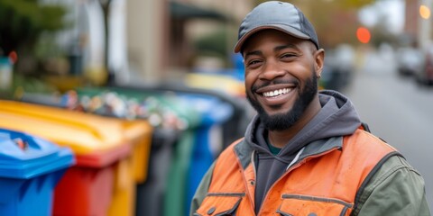 Smiling African American Man Excels As A Diligent And Happy Waste Collector. Сoncept Sustainable Waste Management, Positive Work Ethic, Diversity In The Workplace, Environmental Stewardship - Powered by Adobe