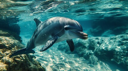 Fototapeta na wymiar Graceful Dolphin Swimming Under Crystal Clear Waters, Illuminated by Sunlight with Rocks Below Surface