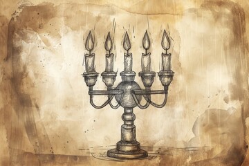 A detailed depiction of a candelabra drawn on a plain sheet of paper, A detailed sketch of a Hanukkah menorah, AI Generated