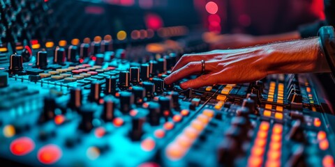 Fototapeta na wymiar Fine-Tuning Audio Levels: Sound Engineer's Mixer Adjustment For An Optimal Live Event Experience. Сoncept Multimedia Production, Live Sound Engineering, Audio Mixing, Live Events, Sound Optimization