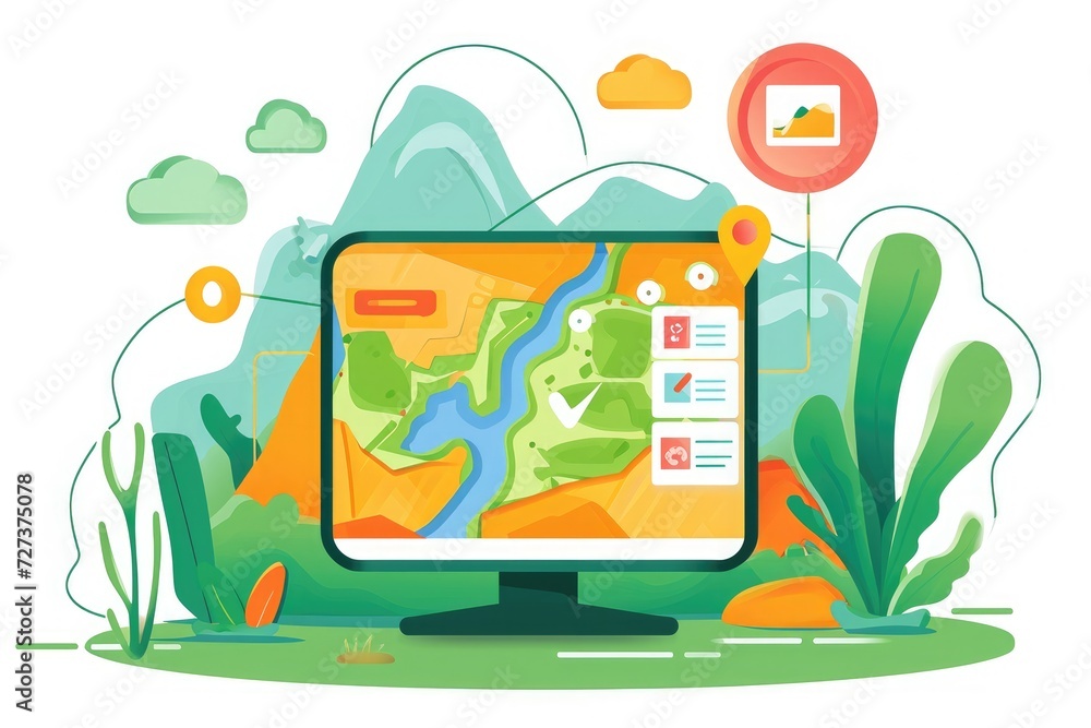 Poster a computer screen displaying a detailed map with various locations and routes, a digital landscape w