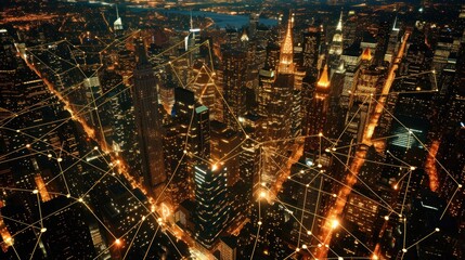 Fototapeta na wymiar Smart city and big data connection on city skyline background. Generate AI image