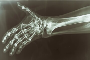 Naklejka premium This photo is an x-ray image of a hand that clearly shows a long bone within the hands structure, A dislocation seen through an x-ray lens, AI Generated