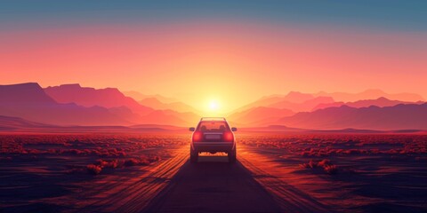 Fototapeta na wymiar Breathtaking Vector Artwork Depicting A Car On A Sun-Drenched Dirt Path. Сoncept Abstract Watercolor Landscapes, Dramatic Black And White Street Photography, Macro Close-Up Nature Shots