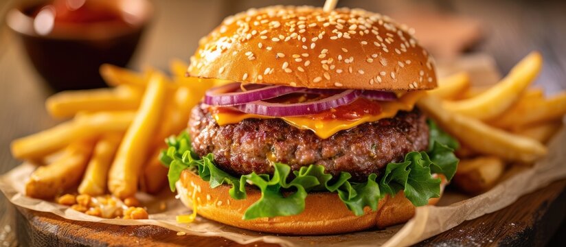 Homemade artisan cheeseburger with fries and lettuce.