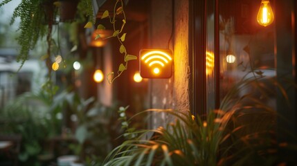 Warmly lit café exterior with a luminous WiFi sign amidst greenery.