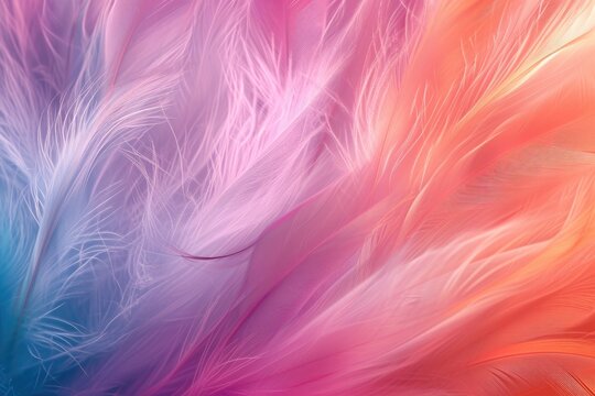 A close-up photo featuring a vibrant background filled with feathers, A dreamy abstract background with feathery, soft blending of colors, AI Generated