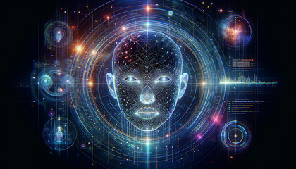 Futuristic face analysis technology with neon light beams and holographic displays.