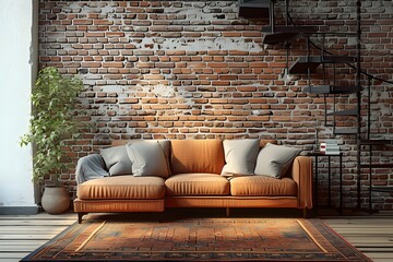 Interior design of modern apartment, living room with brick wall
