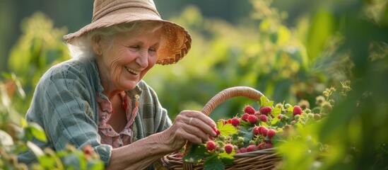 A mature lady gathers fresh raspberries in a basket during the summer berry harvest.