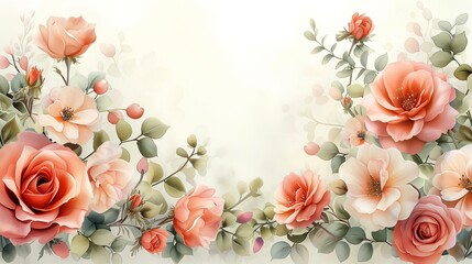 Peach and coral roses with eucalyptus leaves arranged on a creamy background.