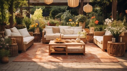 Use low wooden tables, wicker furniture, and potted plants to enhance the natural and free-spirited atmosphere outdoorsar