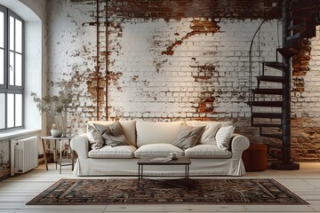 Interior design of modern apartment, living room with brick wall
