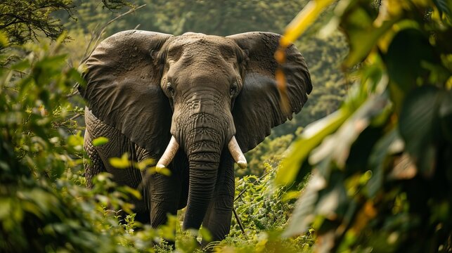 Majestic Elephant Amidst Lush Greenery, Captured in Natural Habitat with Detailed Focus on Skin Texture and Tusks