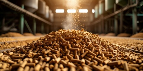 Wood Pellet Manufacturing Plant Converts Agricultural And Forestry Waste Into Clean Biofuel. Сoncept Renewable Energy Solutions, Sustainable Manufacturing, Biomass Conversion, Waste-To-Energy - obrazy, fototapety, plakaty